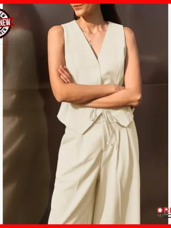 V-Neck Tie-Waist Blazer Vest & Wide Leg Pants Business Casual Set - Picture 4 of 7